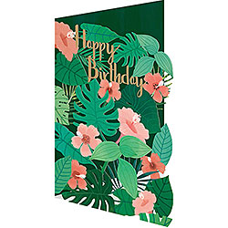 Pink Flowers & Green Leaves Birthday Card