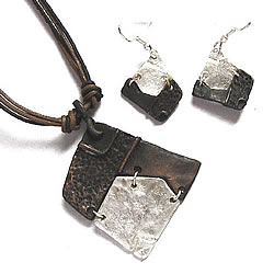 Square Silver & Antique Copper Necklace and Earring Set - Click Image to Close