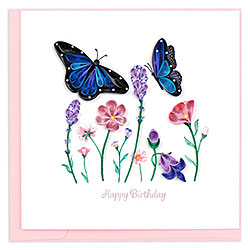 Birthday Flowers & Blue Butterflies Card