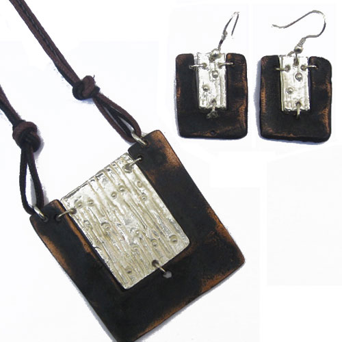 Square Silver and Antique Copper Necklace and Earring Set - Click Image to Close
