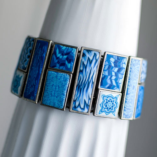 Porcelain Blue Square Cobblestone Bracelet (Silver Oxidized) - Click Image to Close