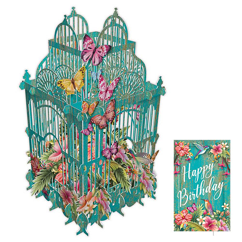 Tropical Cage Birthday Card with Gift Tag - Click Image to Close