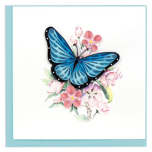 Blue Butterfly & Pink Flowers Card - Click Image to Close