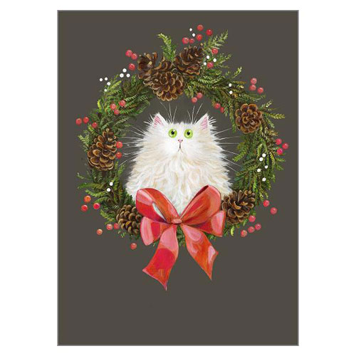 Festive Wreath, White Cat Card - Click Image to Close